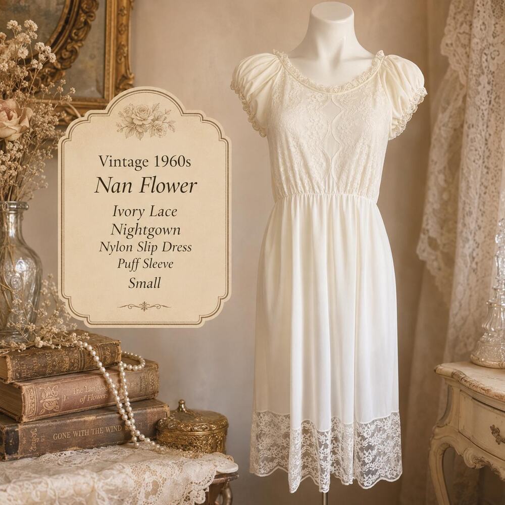 Vintage 1960s Nan Flower Ivory Lace Nightgown Nylon Slip Dress Puff Sleeve Small
